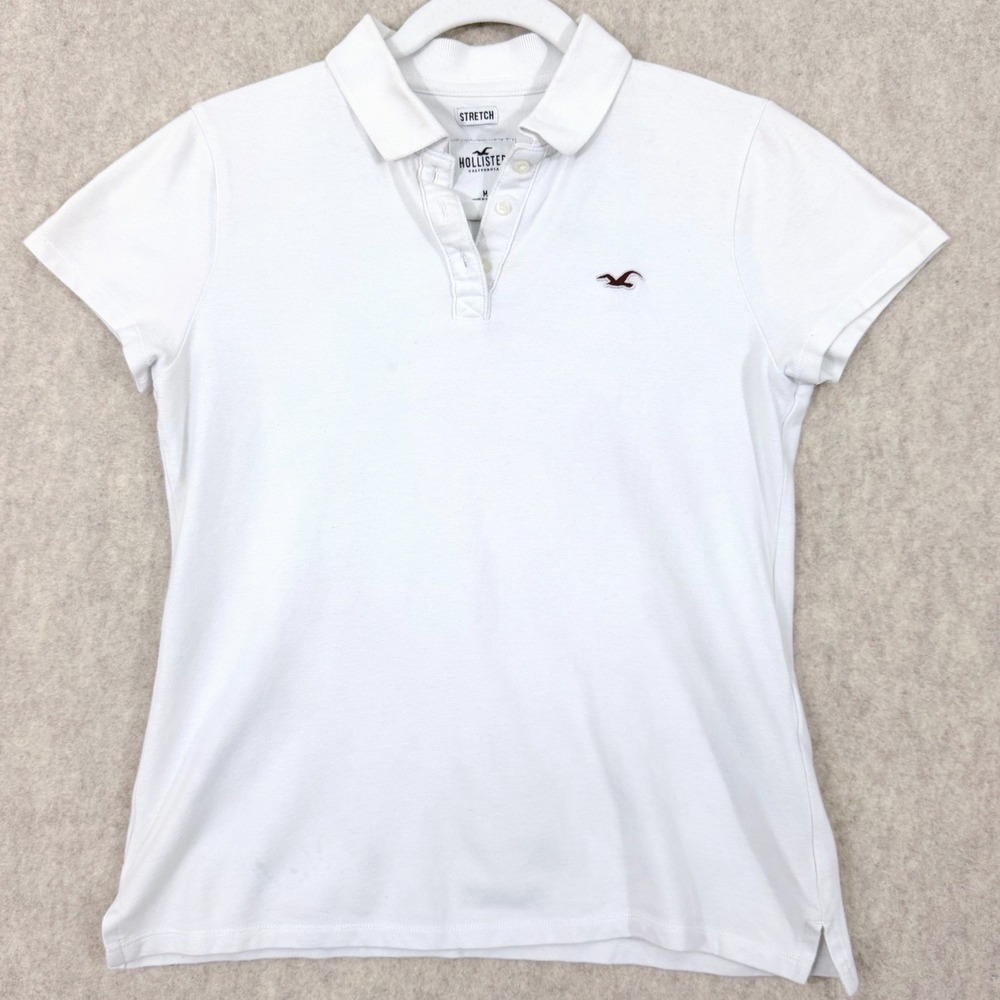 Hollister Womens M White Stretch Cotton Polo Shirt Seagull Logo Preppy Y2K Top
